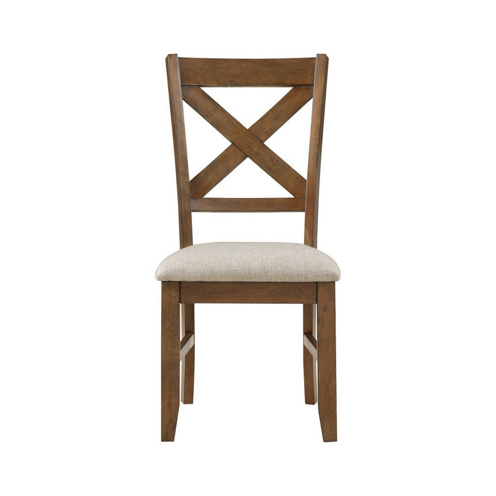 Nil 18 Inch Side Dining Chair Open Style X Back Beige Padded Brown Wood By Casagear Home BM316880