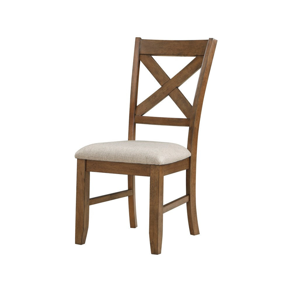 Nil 18 Inch Side Dining Chair Open Style X Back Beige Padded Brown Wood By Casagear Home BM316880