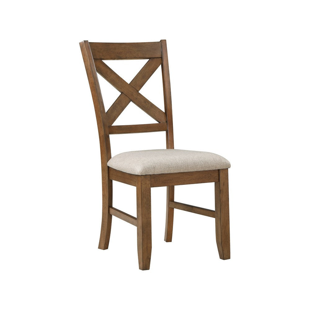 Nil 18 Inch Side Dining Chair Open Style X Back Beige Padded Brown Wood By Casagear Home BM316880