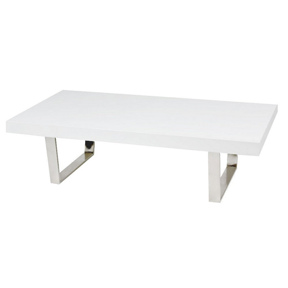 Ien 53 Inch Coffee Table, Rectangular Top, Metal Sled Legs, White, Chrome By Casagear Home