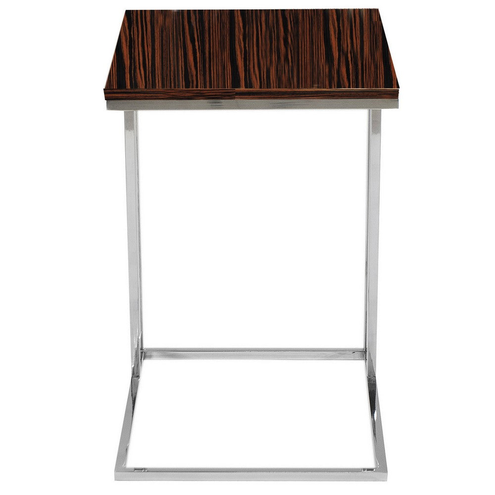 Zen 23 Inch Side Table, Rectangular Tray Top, C Shape Chrome, Ebony Brown By Casagear Home