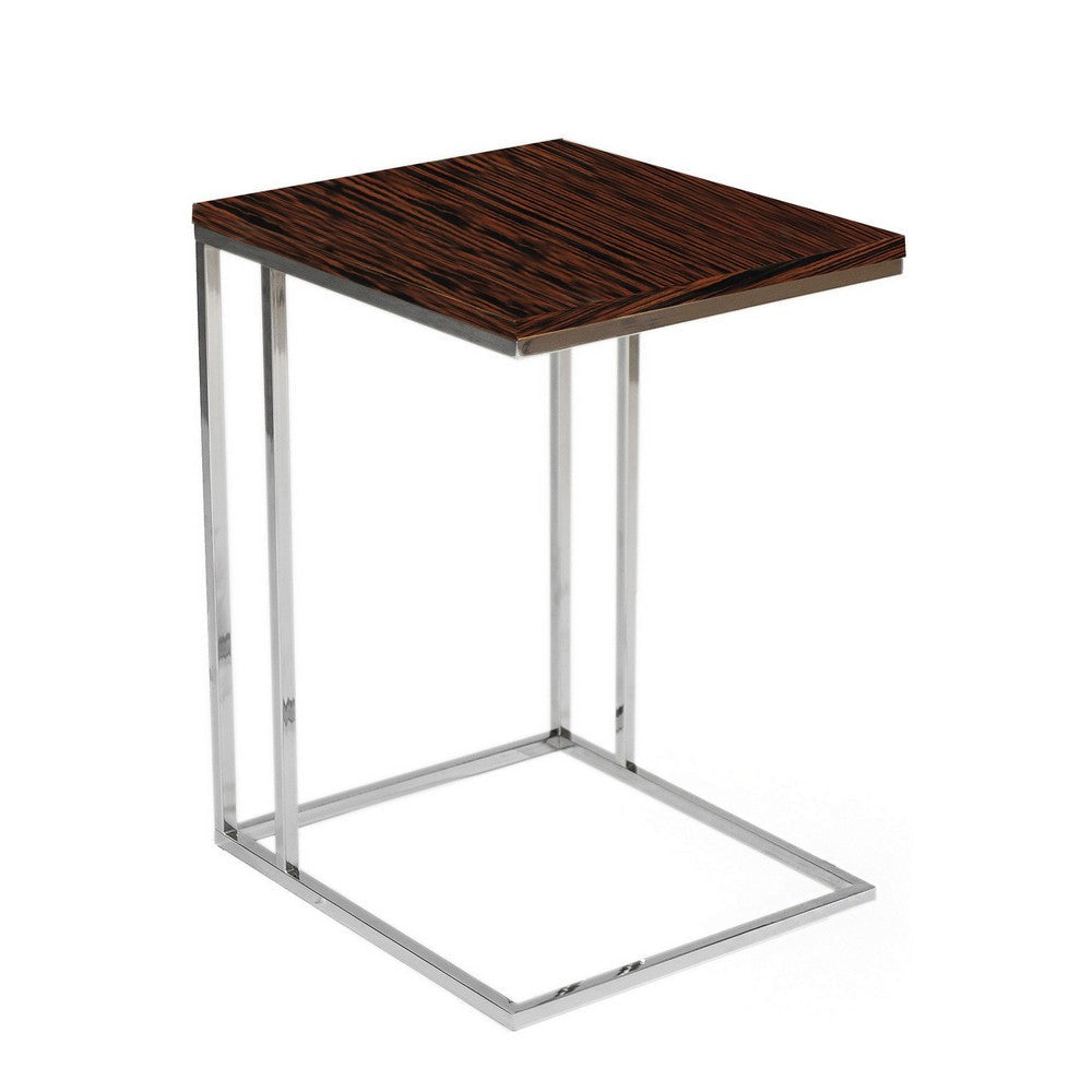 Zen 23 Inch Side Table Rectangular Tray Top C Shape Chrome Ebony Brown By Casagear Home BM316890