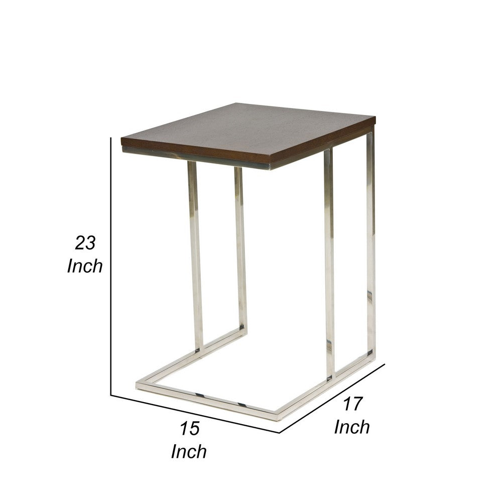 Zen 23 Inch Side Table, Espresso Brown Rectangular Tray Top, C Shape Chrome By Casagear Home
