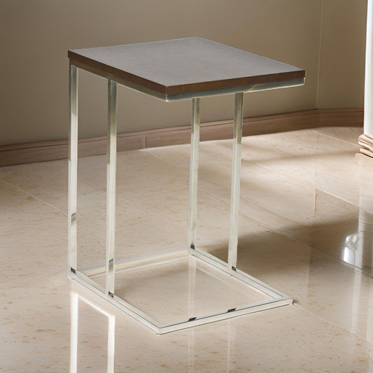 Zen 23 Inch Side Table, Espresso Brown Rectangular Tray Top, C Shape Chrome By Casagear Home