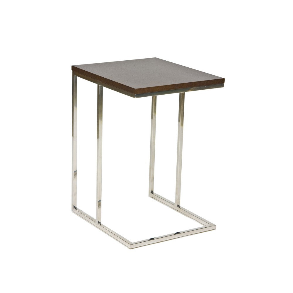 Zen 23 Inch Side Table, Espresso Brown Rectangular Tray Top, C Shape Chrome By Casagear Home
