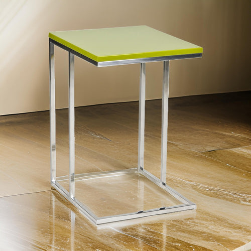 Zen 23 Inch Side Table, Rectangular Tray Top, C Shape Chrome Frame, Green By Casagear Home
