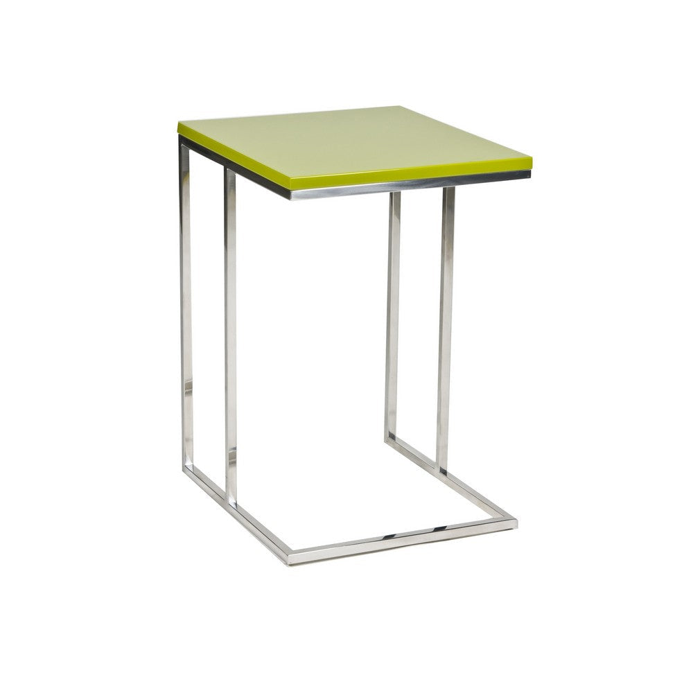 Zen 23 Inch Side Table Rectangular Tray Top C Shape Chrome Frame Green By Casagear Home BM316892
