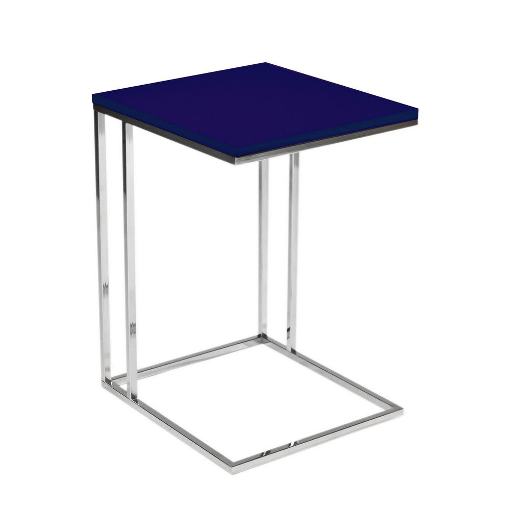 Zen 23 Inch Side Table, Rectangular Tray Top, C Shape Chrome, Navy Blue By Casagear Home