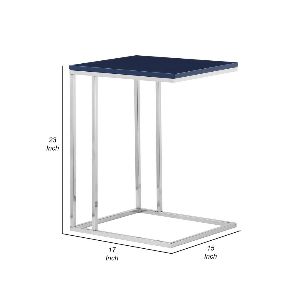 Zen 23 Inch Side Table, Rectangular Tray Top, C Shape Chrome, Navy Blue By Casagear Home