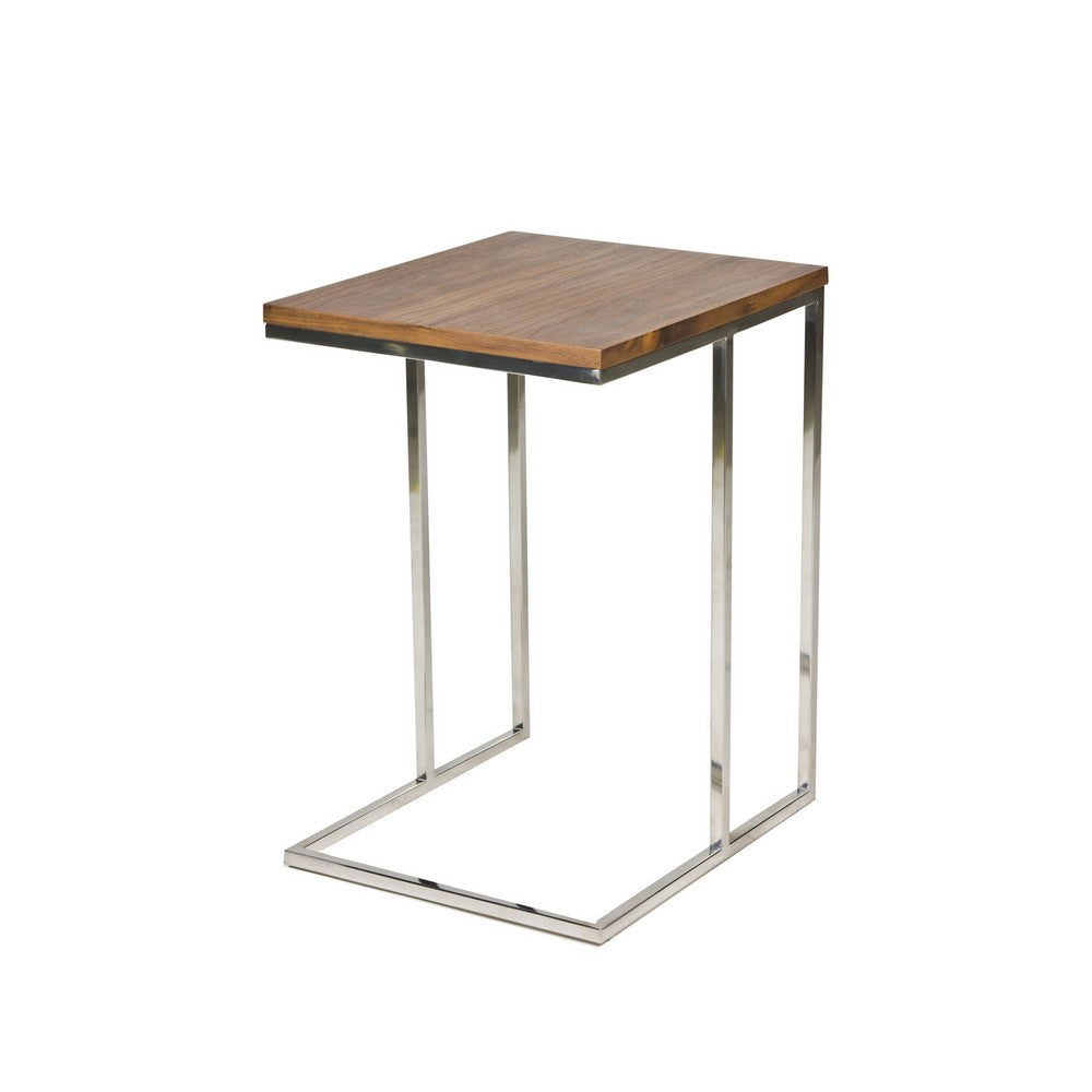 Zen 23 Inch Side Table, Rectangular Tray Top, C Shape Chrome, Walnut Brown By Casagear Home