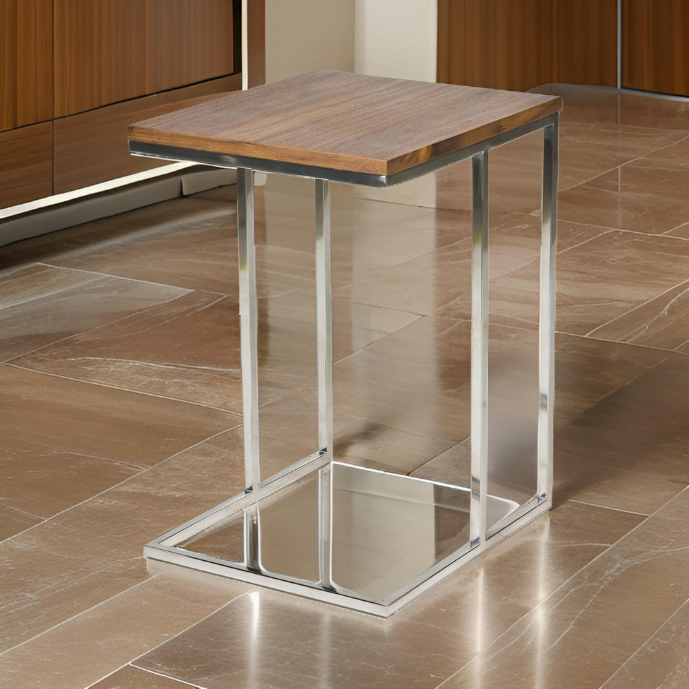 Zen 23 Inch Side Table, Rectangular Tray Top, C Shape Chrome, Walnut Brown By Casagear Home