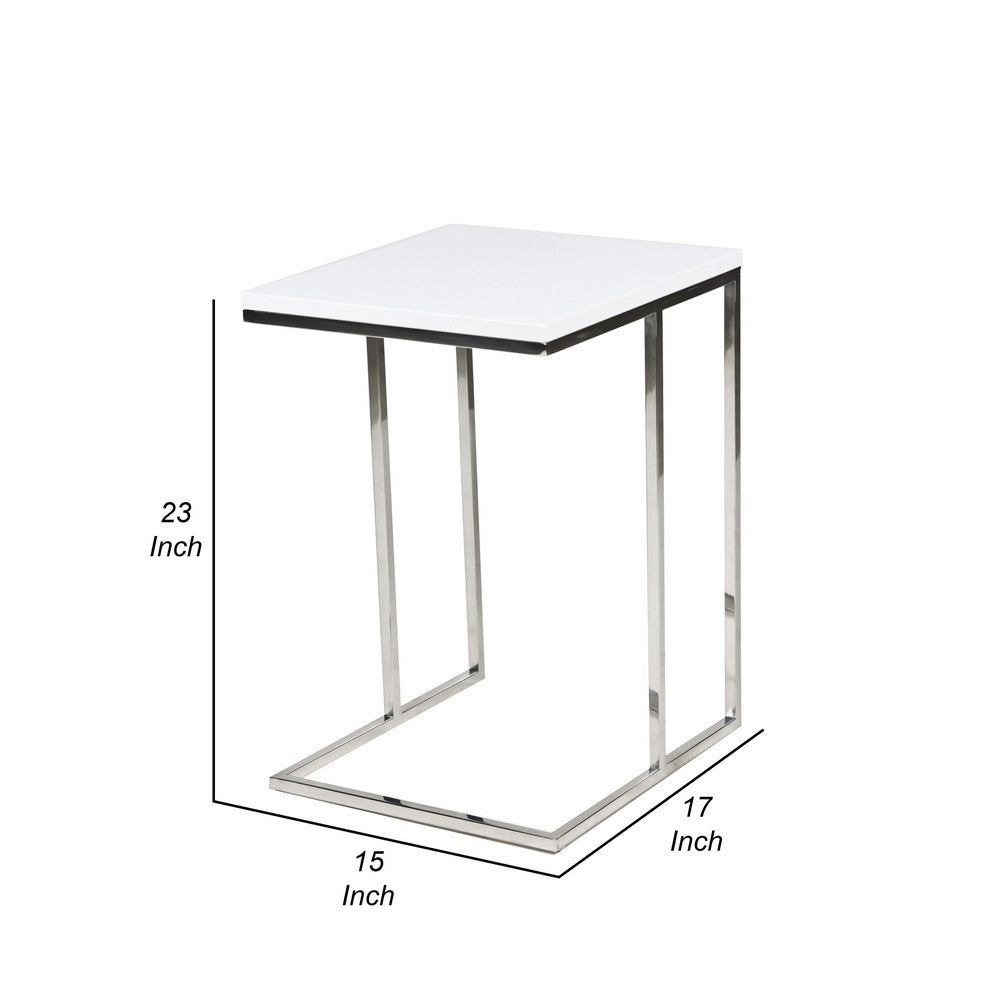 Zen 23 Inch Side Table, Rectangular Tray Top, C Shape Chrome Frame, White By Casagear Home