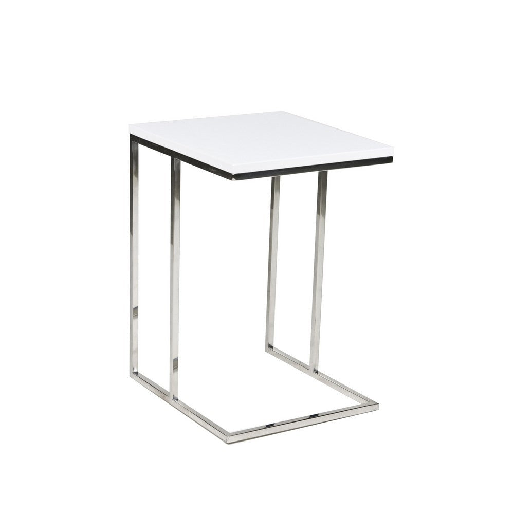 Zen 23 Inch Side Table, Rectangular Tray Top, C Shape Chrome Frame, White