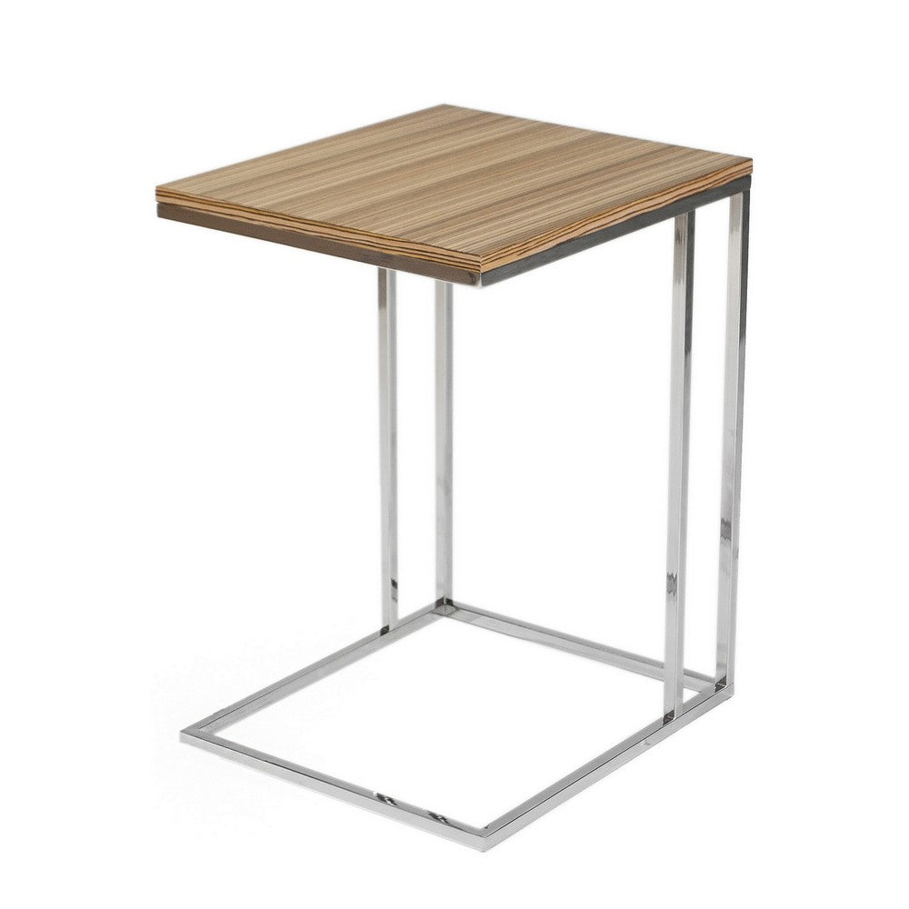 Zen 23 Inch Side Table, Rectangular Tray Top, C Chrome Frame, Zebrano Brown By Casagear Home