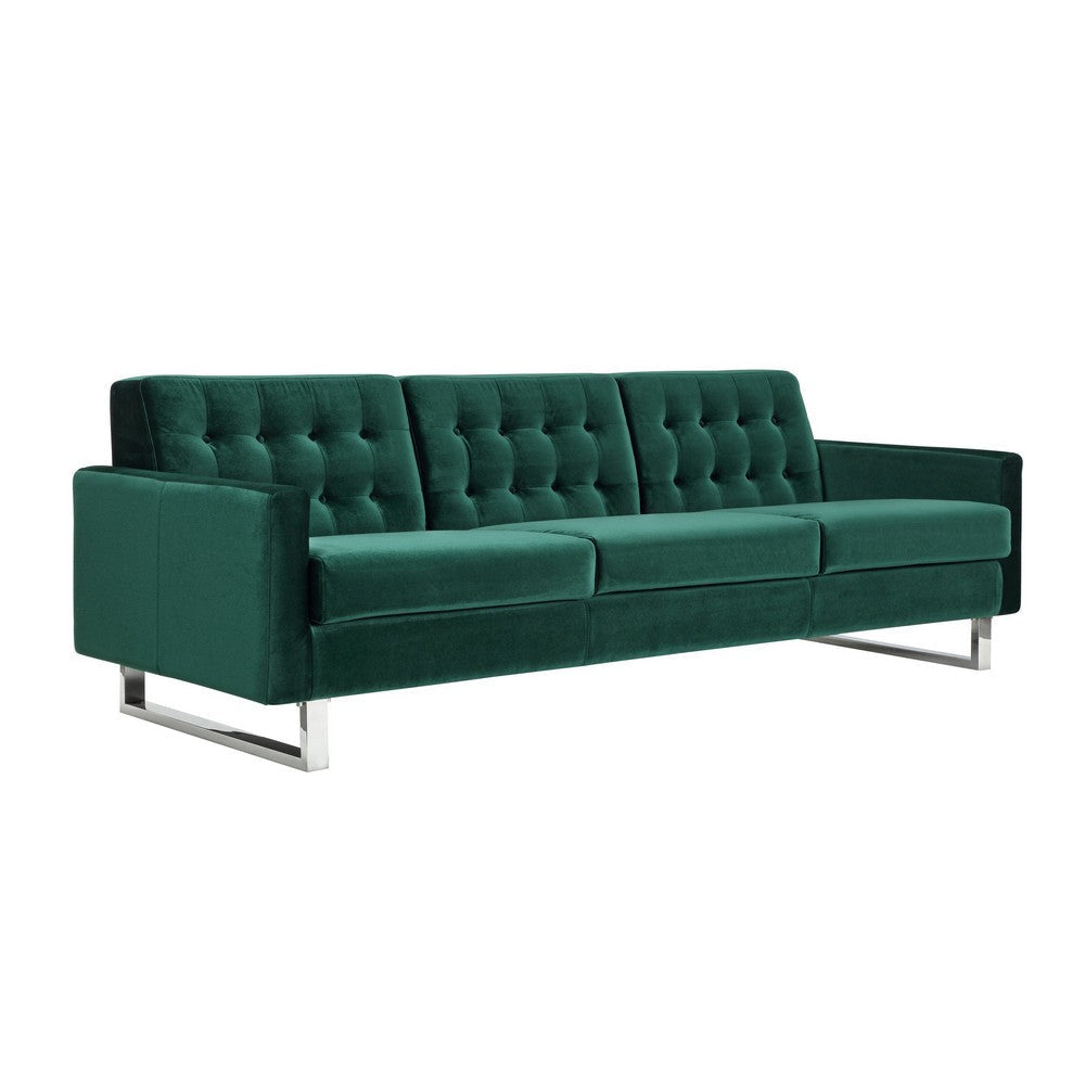 Loe 89 Inch Sofa, Modern Tufted Seat, Steel Legs, Emerald Green Fabric By Casagear Home