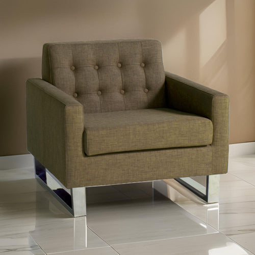 Loe 35 Inch Accent Chair, Modern Tufted Seat, Brown Fabric, Steel Legs By Casagear Home