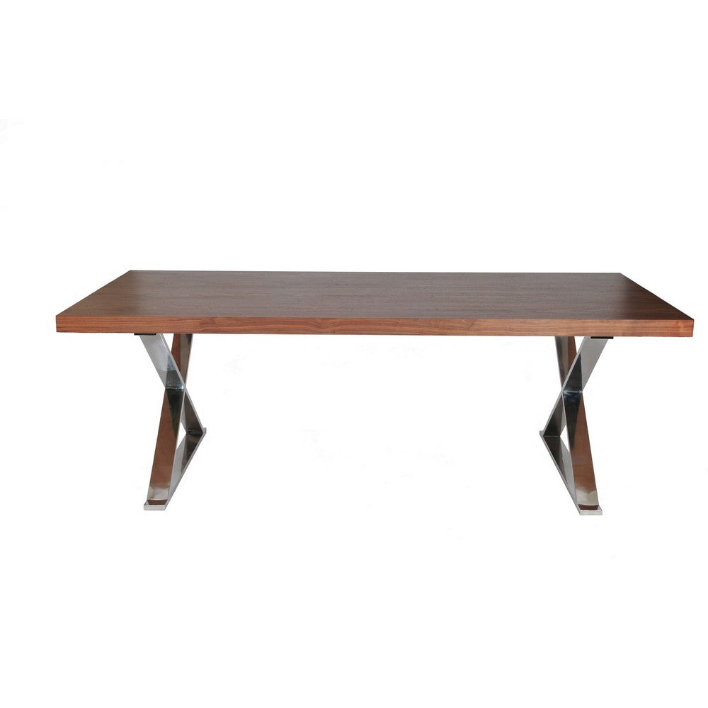Rix 87 Inch Dining Table, X Chrome Legs, Walnut Brown Rectangular Wood Top By Casagear Home
