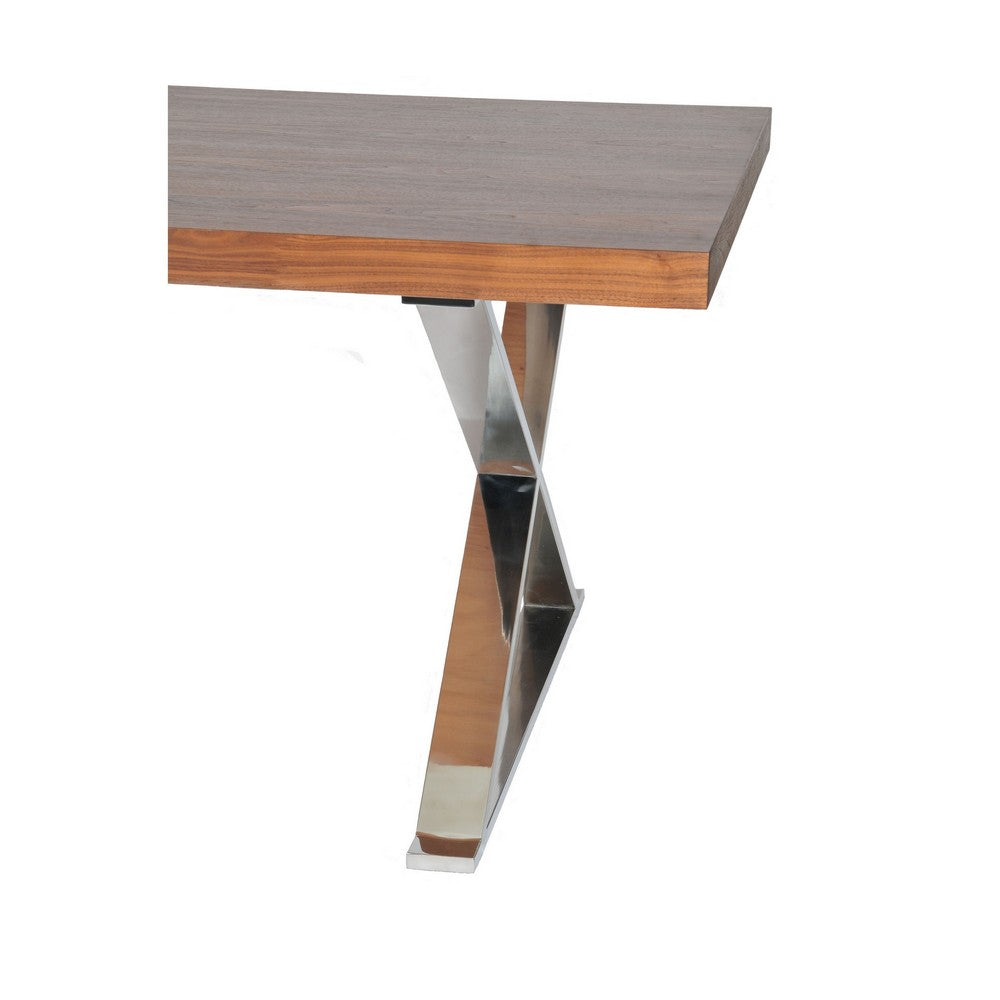 Rix 87 Inch Dining Table, X Chrome Legs, Walnut Brown Rectangular Wood Top By Casagear Home