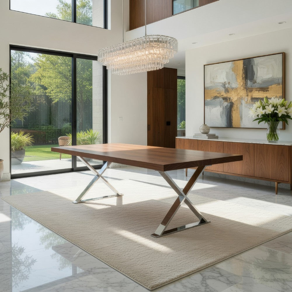 Rix 87 Inch Dining Table, X Chrome Legs, Walnut Brown Rectangular Wood Top By Casagear Home