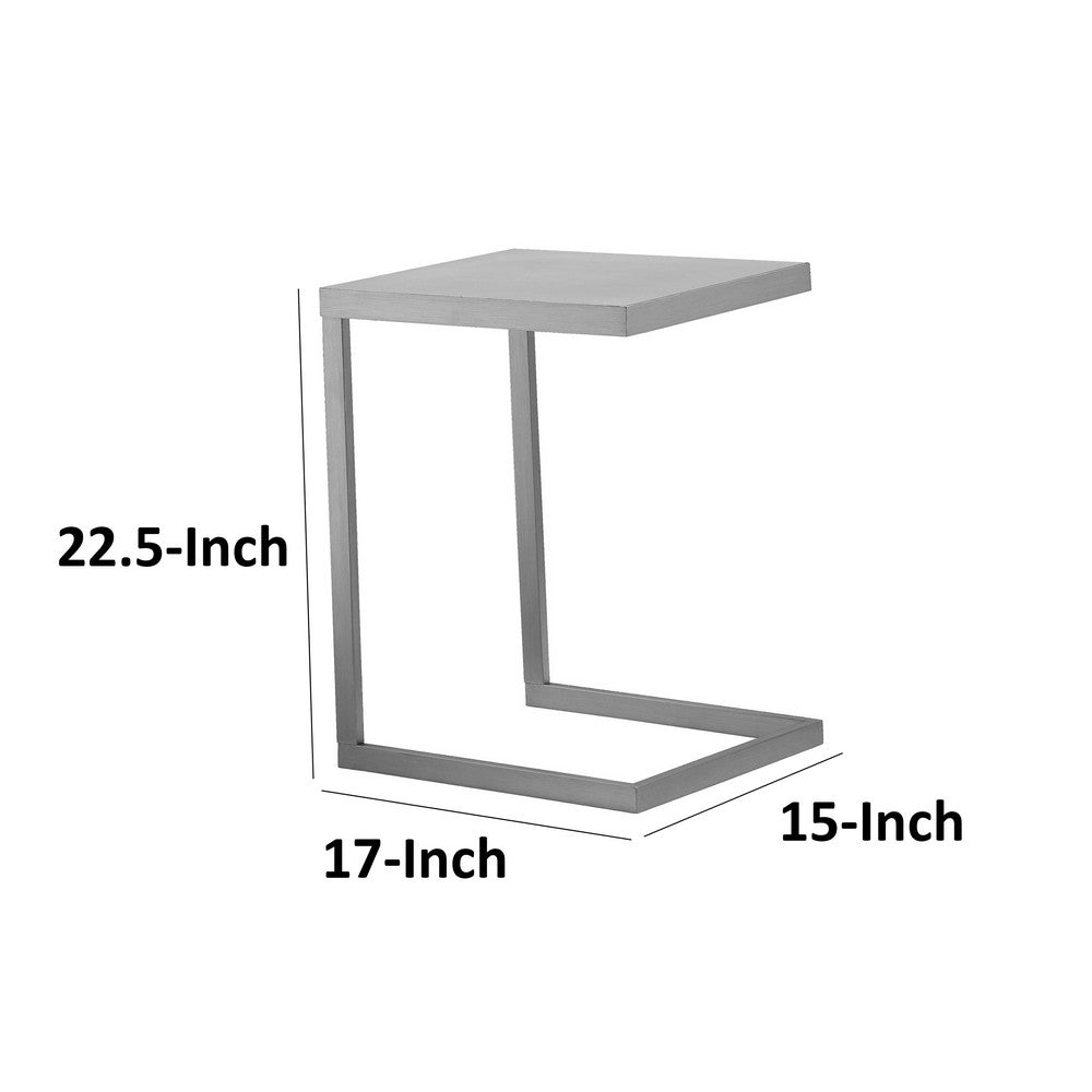 Tom 23 Inch Side End Table, Square Tray Top, Brushed C Shaped Steel Frame By Casagear Home