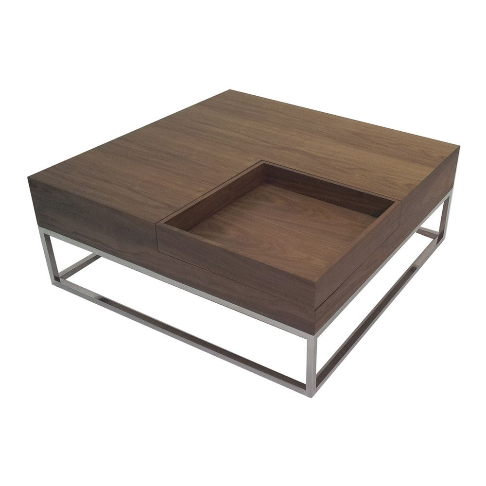 Rina 35 Inch Coffee Table, Removable Square Wood Tray, Storage, Steel Base By Casagear Home