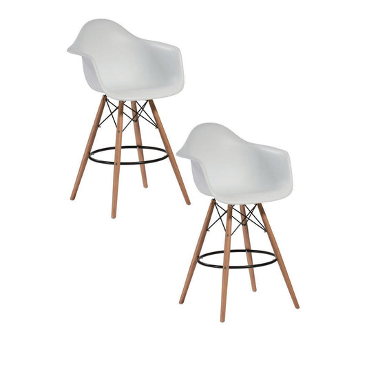 Ben 30 Inch Barstool Chair Set of 2, White Curved Seat, Brown Wood Legs By Casagear Home