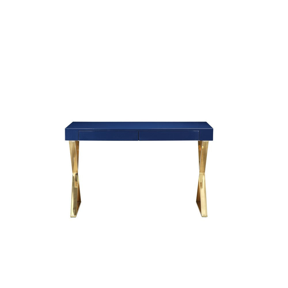 Rix 47 Inch Office Desk 2 Drawers X Cross Legs Gold Steel Blue Lacquer By Casagear Home BM316924