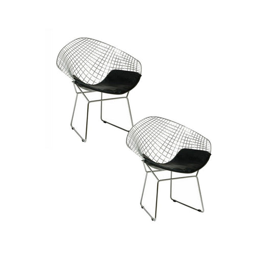 Lexy 33 Inch Accent Chair Set of 2, Black Faux Leather, Chrome Mesh Wire By Casagear Home