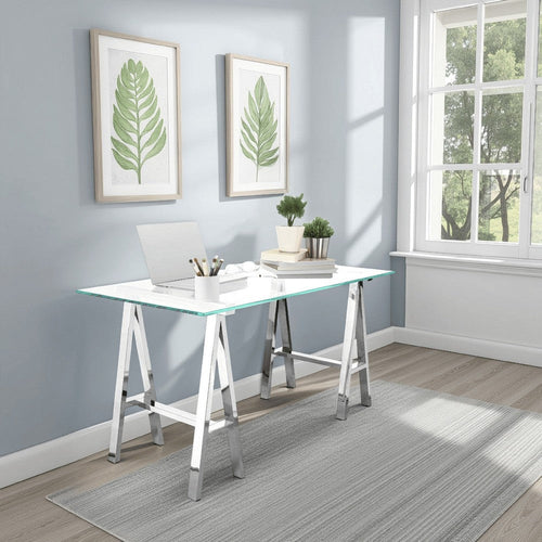 Ayd 71 Inch Office Desk, Clear Tempered Glass Top, Angled Chrome Steel Base By Casagear Home