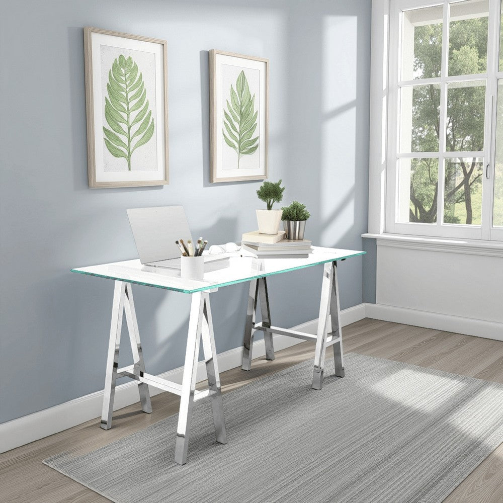 Ayd 71 Inch Office Desk, Clear Tempered Glass Top, Angled Chrome Steel Base By Casagear Home