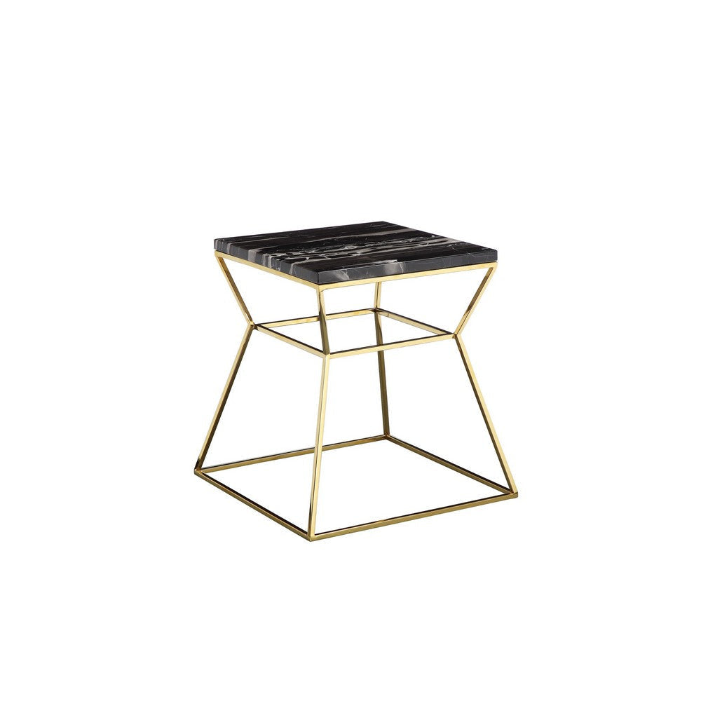 Lio 18 Inch Side End Table Black Marble Top Gold Open Hourglass Frame By Casagear Home BM316937