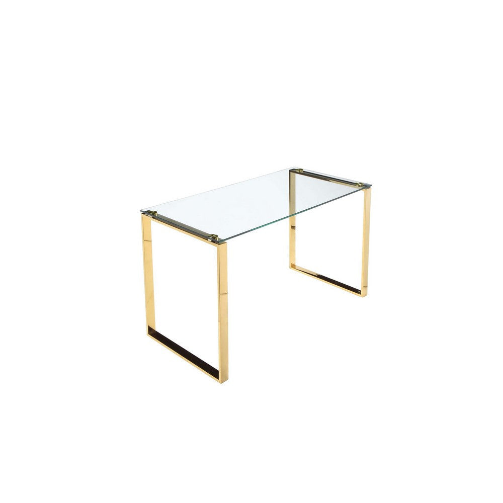 47 Inch Modern Office Desk Clear Tempered Glass Gold Sled Steel Frame By Casagear Home BM316939