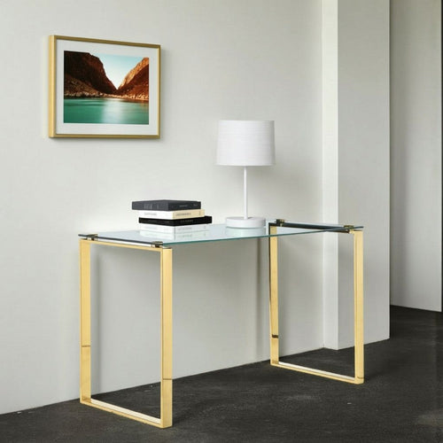 47 Inch Modern Office Desk, Clear Tempered Glass, Gold Sled Steel Frame By Casagear Home