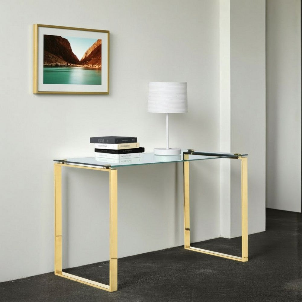 47 Inch Modern Office Desk, Clear Tempered Glass, Gold Sled Steel Frame By Casagear Home