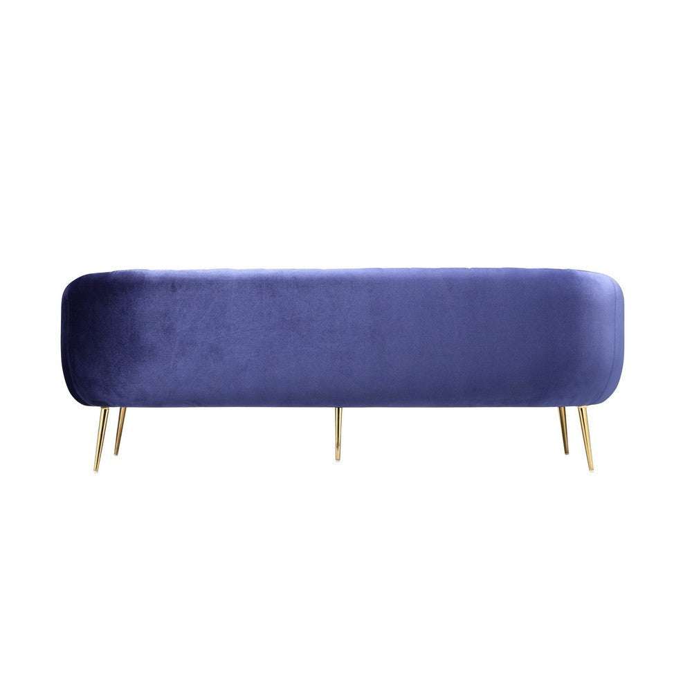 Lida 74 Inch Sofa Curved Modern Channel Tufting Blue Velvet Gold Metal By Casagear Home BM316940