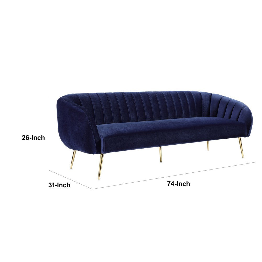 Lida 74 Inch Sofa Curved Modern Channel Tufting Blue Velvet Gold Metal By Casagear Home BM316940