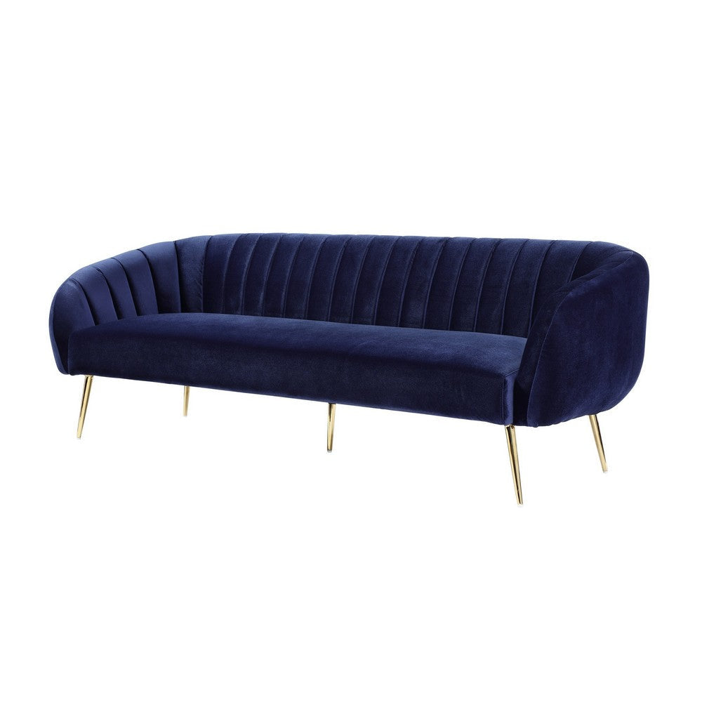 Lida 74 Inch Sofa, Curved Modern Channel Tufting, Blue Velvet, Gold Metal By Casagear Home