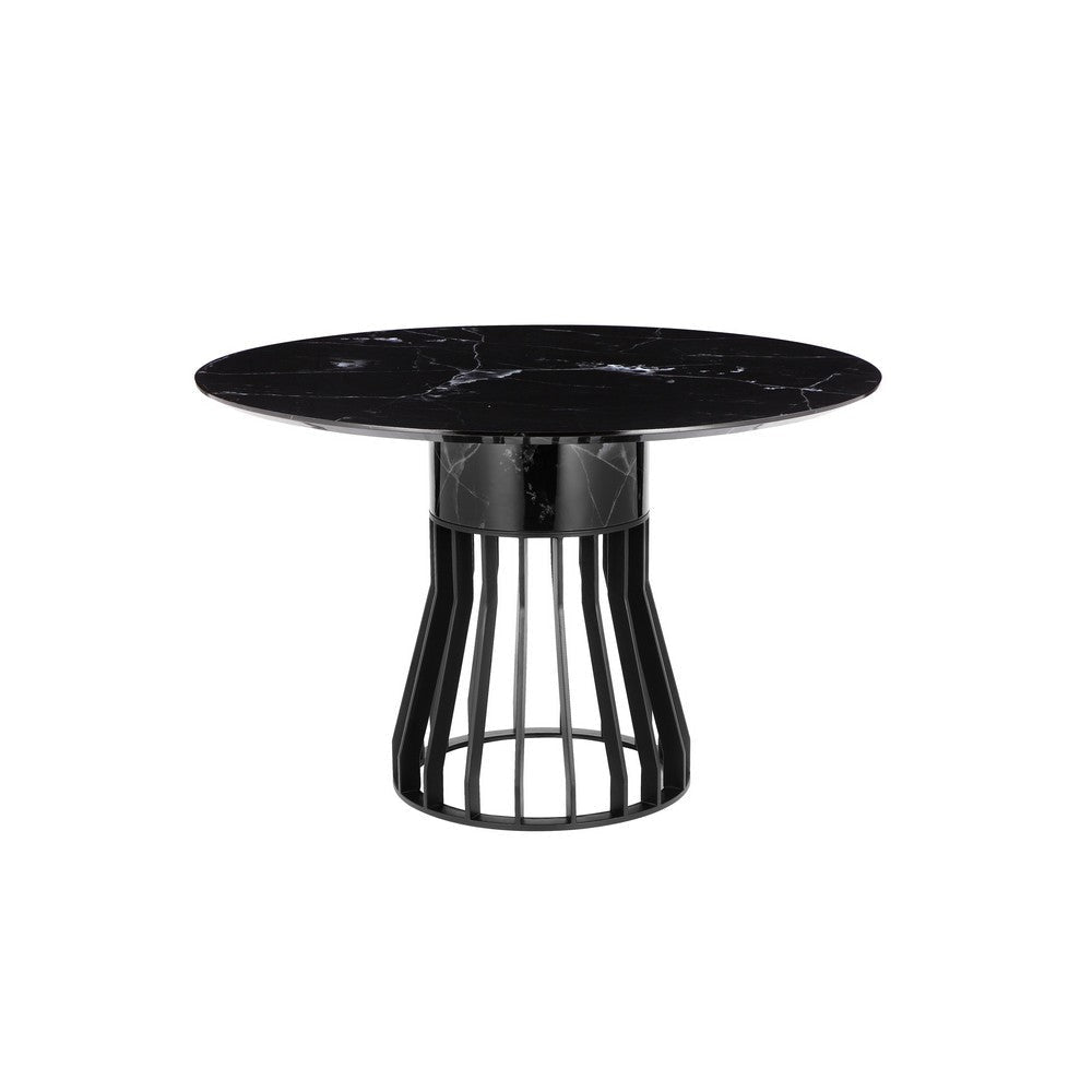 Jett 47 Inch Dining Table Round Marble Top Metal Cage Frame Base Black By Casagear Home BM316941