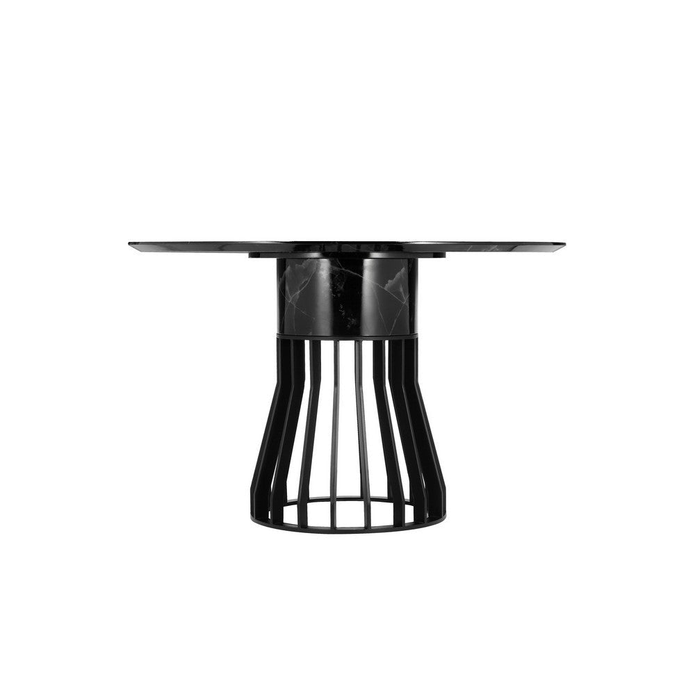 Jett 47 Inch Dining Table Round Marble Top Metal Cage Frame Base Black By Casagear Home BM316941