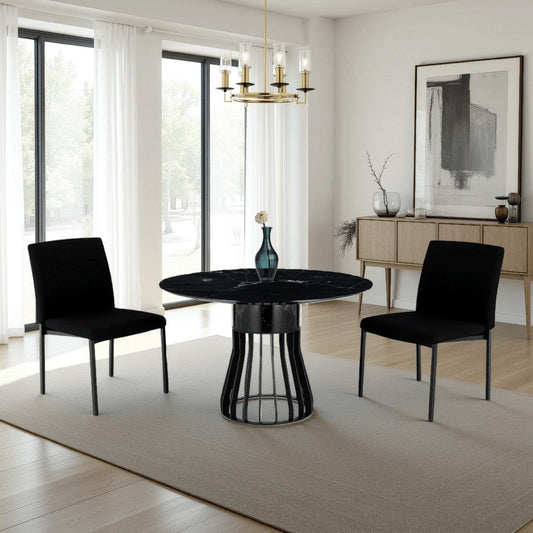 Jett 47 Inch Dining Table, Round Marble Top, Metal Cage Frame Base, Black By Casagear Home