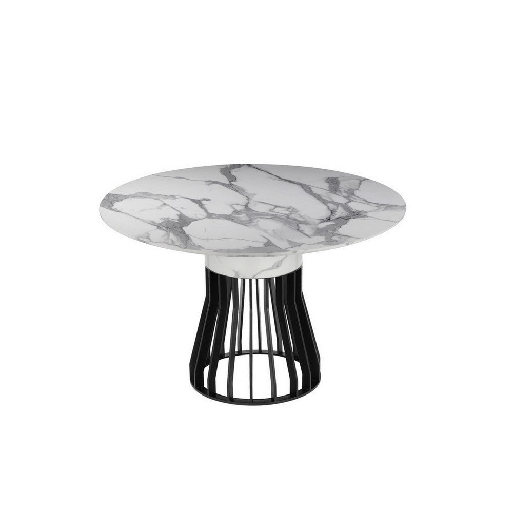 Jett 47 Inch Dining Table White Round Marble Top Metal Cage Frame Base By Casagear Home BM316942