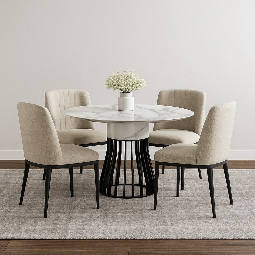 Jett 47 Inch Dining Table, White Round Marble Top, Metal Cage Frame Base By Casagear Home