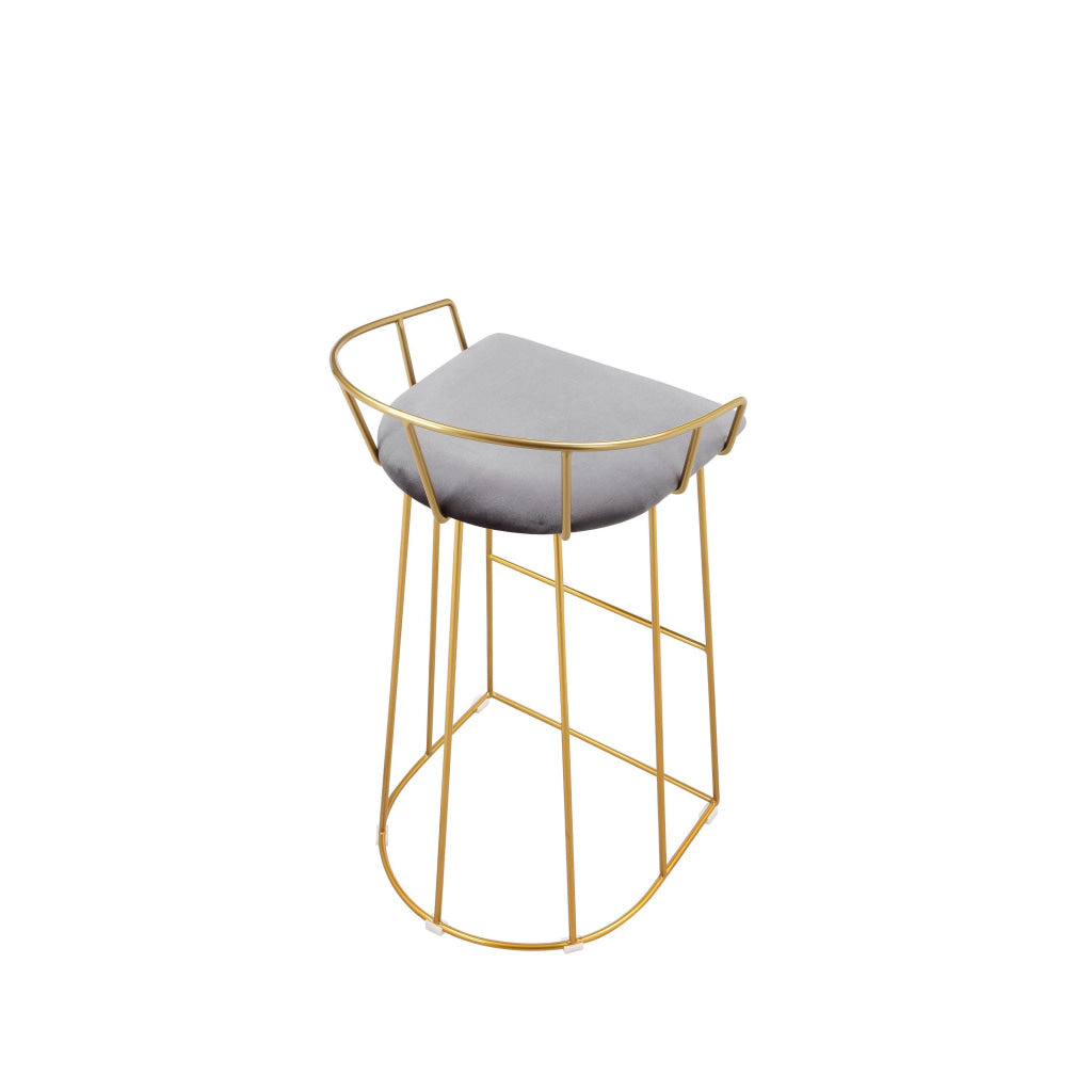 Cato 31 Inch Barstool Chair, Foam, Gray Velvet, Gold Steel Open Frame By Casagear Home