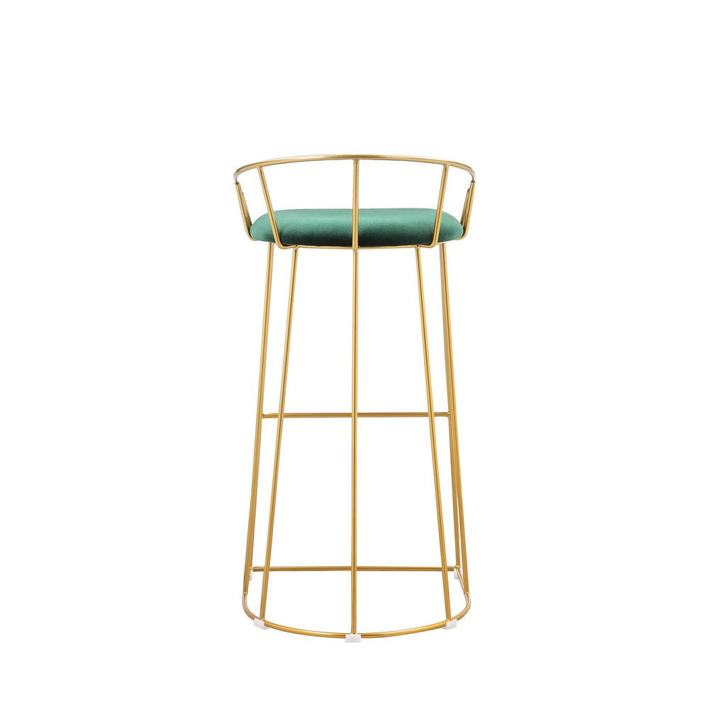 Cato 31 Inch Barstool Chair, Foam, Green Velvet, Gold Steel Open Frame By Casagear Home