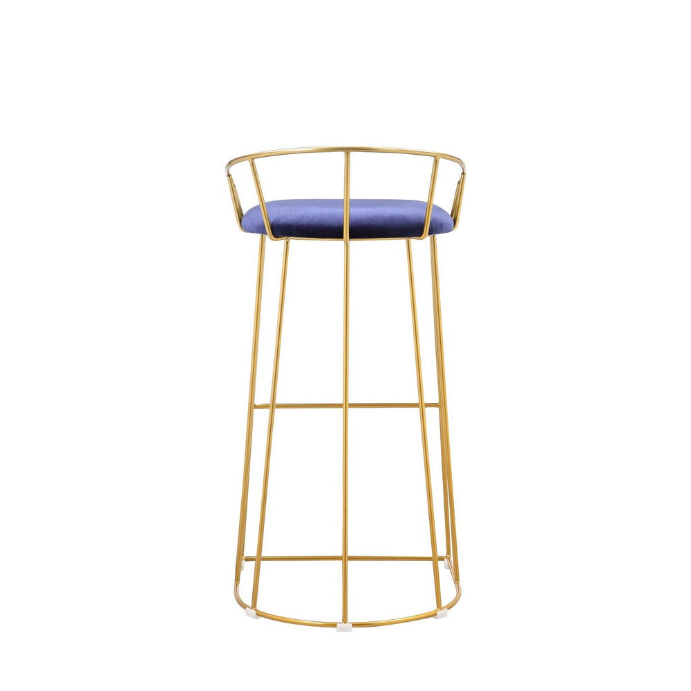 Cato 31 Inch Barstool Chair, Foam, Navy Blue Velvet, Gold Steel Open Frame By Casagear Home