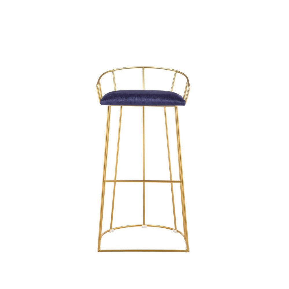 Cato 31 Inch Barstool Chair, Foam, Navy Blue Velvet, Gold Steel Open Frame By Casagear Home