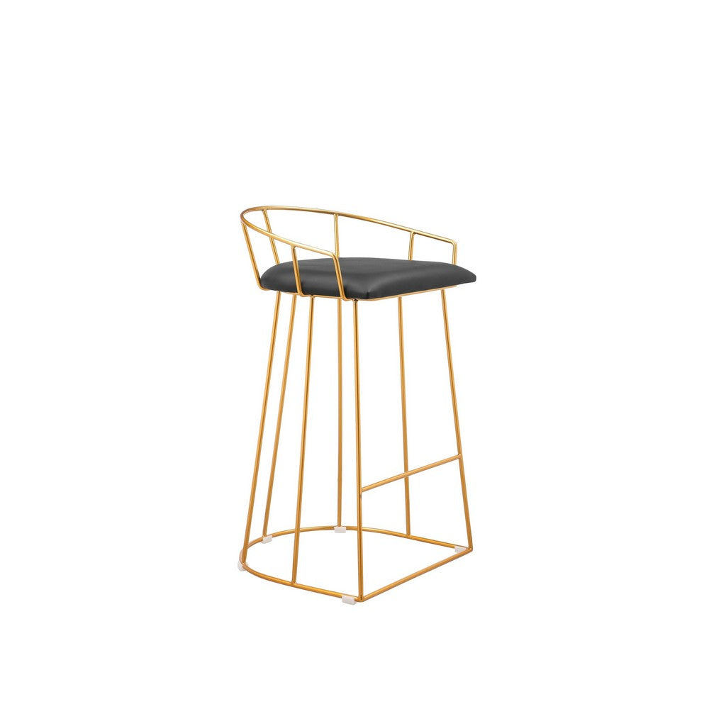 Cato 27 Inch Counter Stool Chair, Black Faux Leather, Gold Steel Frame By Casagear Home