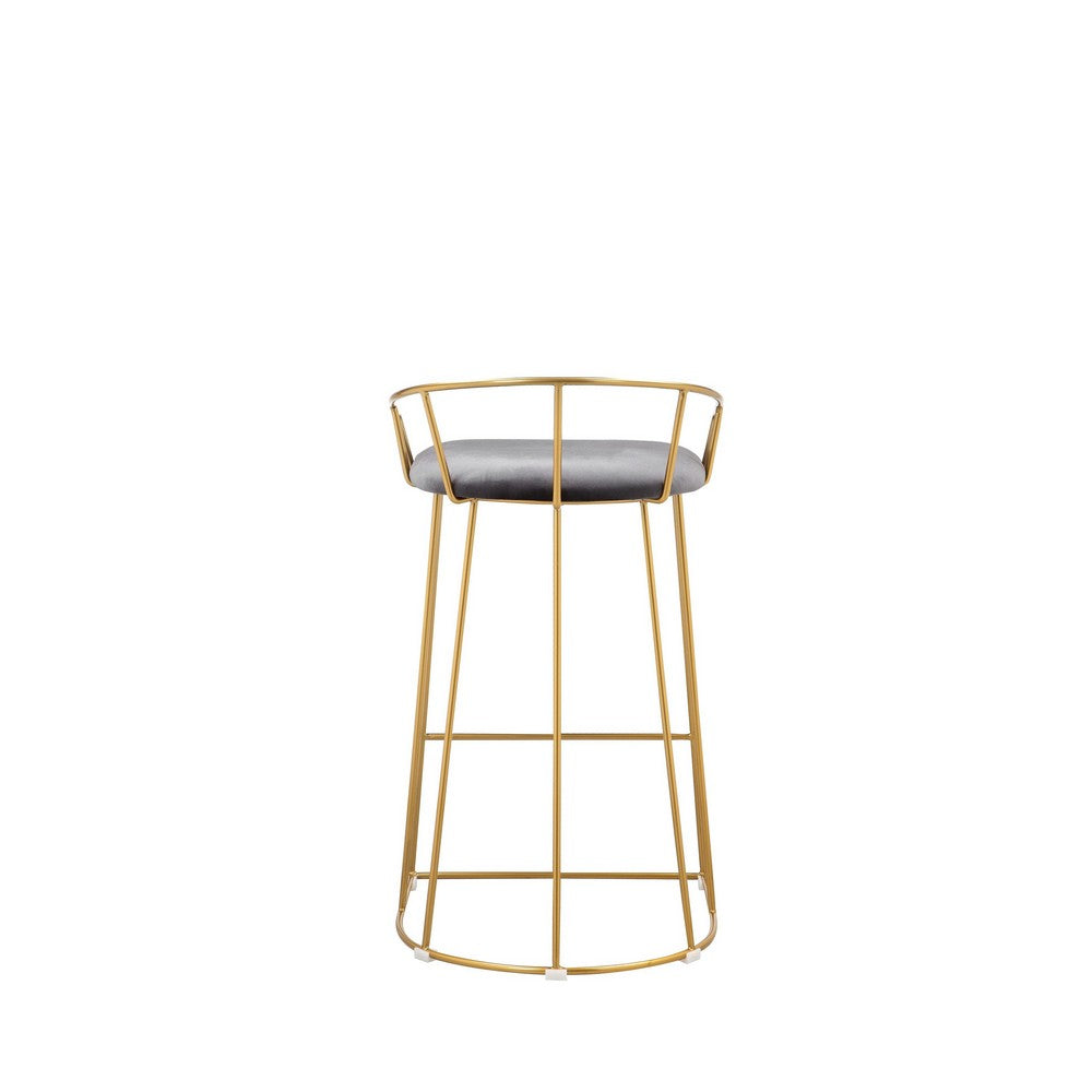 Cato 27 Inch Counter Stool Chair, Gray Velvet, Gold Steel Open Metal Frame By Casagear Home