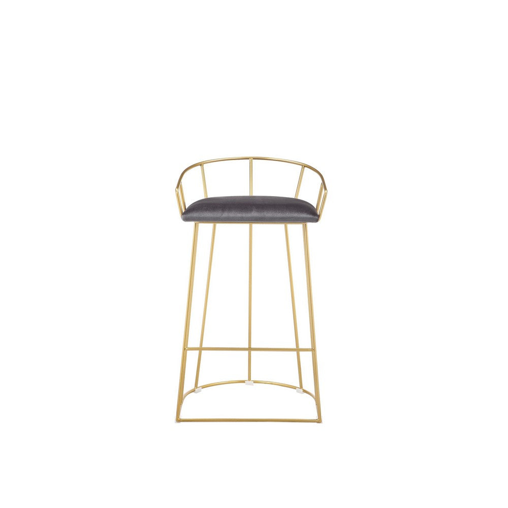 Cato 27 Inch Counter Stool Chair, Gray Velvet, Gold Steel Open Metal Frame By Casagear Home