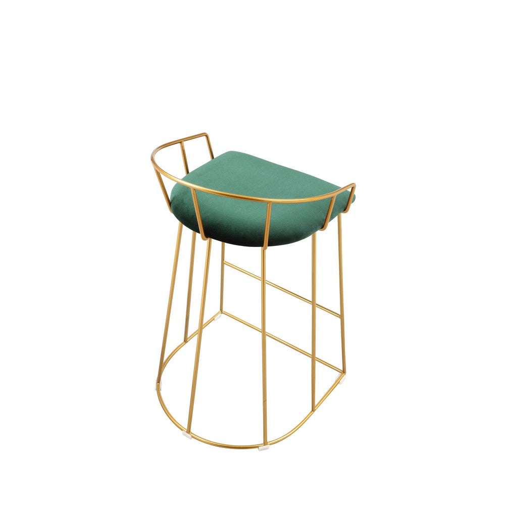 Cato 27 Inch Counter Stool Chair, Green Velvet, Gold Steel Open Metal Frame By Casagear Home